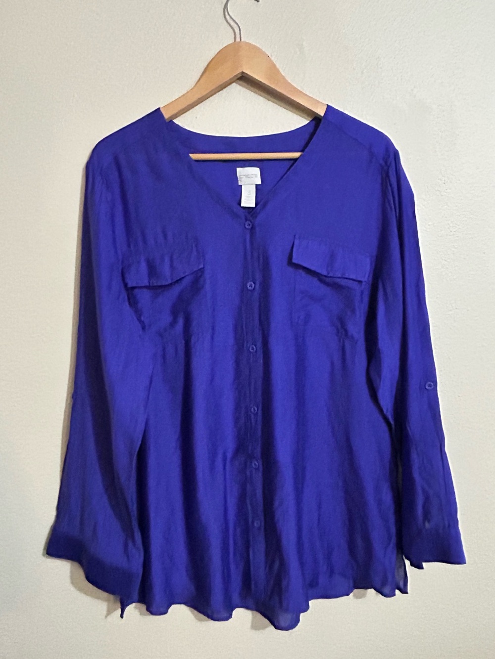 Chico’s Womens Blouse Size XL Blue Purple Button Up Pockets Long Sleeve Top